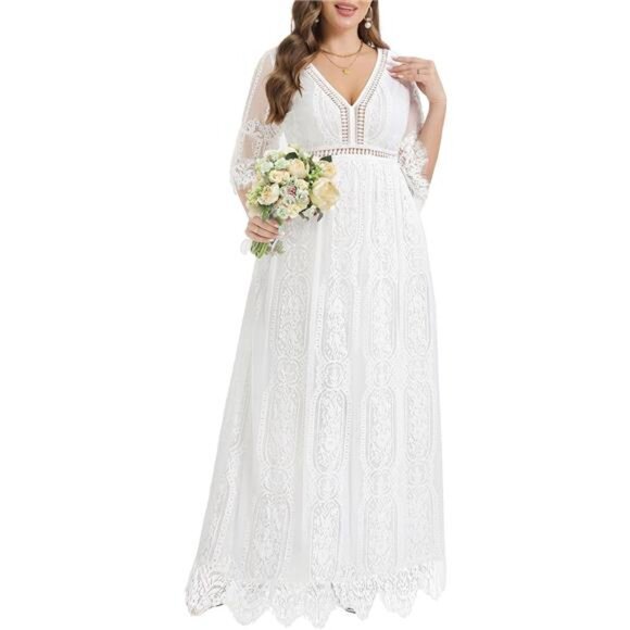 Plus Size Wedding Dress Boho - Maxi Bridal Shower Bohemian Formal Lace Long - Picture 3 of 6